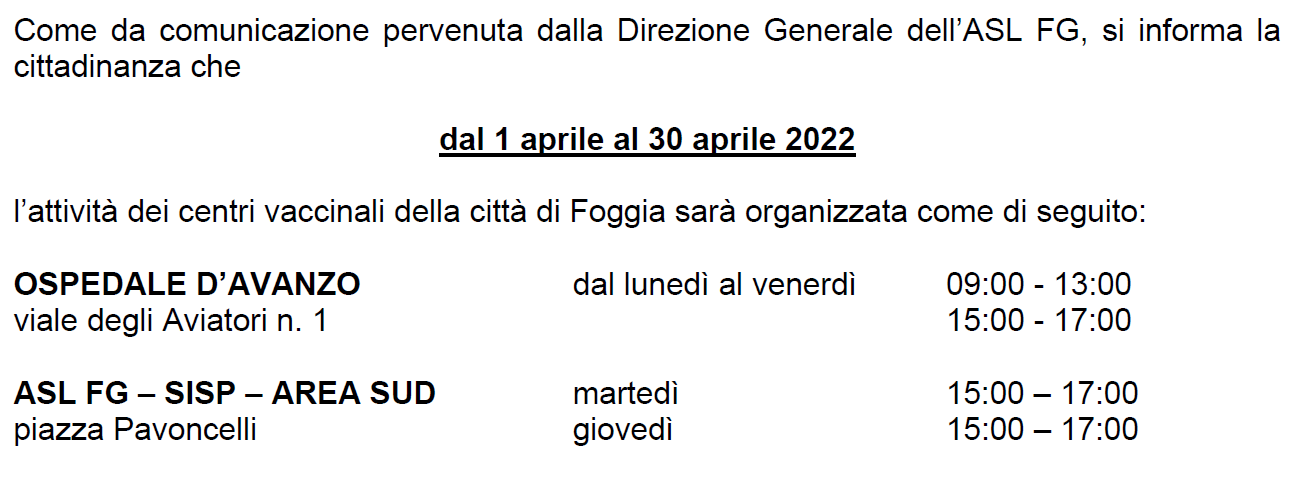 Riorganizzazione della rete vaccinale anti-covid dell’ASL FG per il mese di aprile 2022